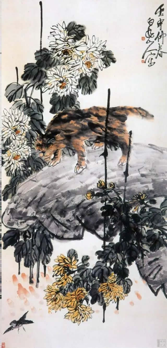 王一亭(1867～1938)《菊花猫雀图》