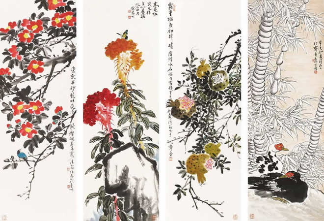 徐家昌 花鸟 四屏