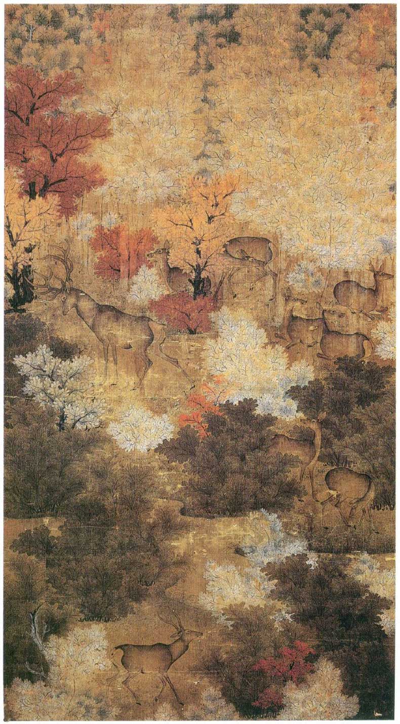 五代 佚名 秋林群鹿图 绢本 118x67厘米 台北故宫博物院藏