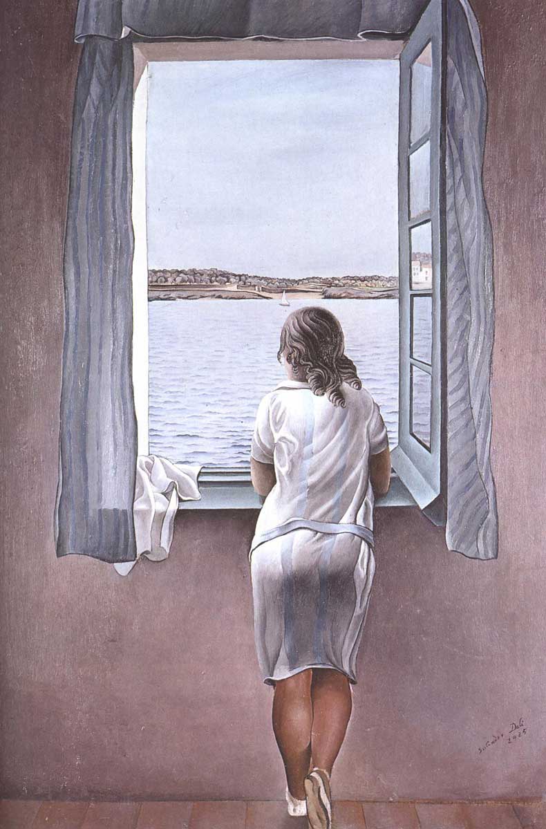 窗边画着一个黑头发的女人,她站在窗边,倚着窗封,从一扇开着的窗户望